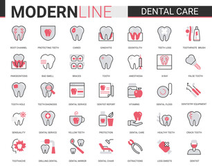 Dental care medicine flat thin red black line icons vector illustration set, outline dentistry healthcare website symbols collection with medical tooth implant pictogram, dentist equipment, toothpaste