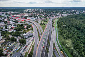 Drone aerial view of Trasa Siekierkowska route and Ostrobramska Street in Warsaw, capital of Poland