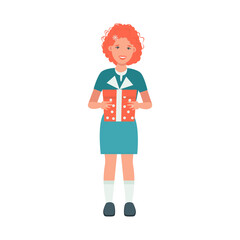 red-haired girl holding a gift box. Vector illustration in flat style