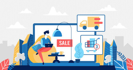 Buy in online store, stay at home concept vector illustration. Cartoon tiny customer buyer man character sitting with laptop in home armchair and shopping, buying goods in retail shop app background