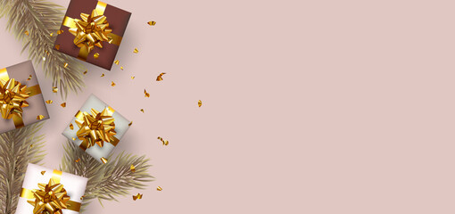 Greeting card.Christmas card. New Year Background with gift boxes and gold confetti