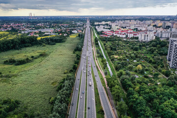 Fototapeta na wymiar Drone aerial view of Trasa Siekierkowska - Siekierkowska Route in Warsaw, capital of Poland