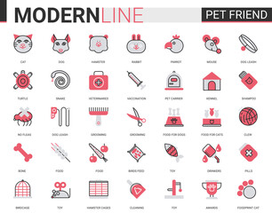 Pet shop flat line icon vector illustration set with outline veterinary symbols for dog cat snake fish mouse hamster rabbit parrot bird pet care vet items, linear food toy for adopted animal