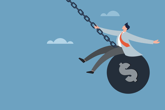 Conceptual illustration of a businessman swings on a wrecking ball with Dollar symbol engraved on it