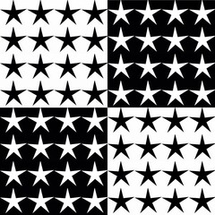 Decorative geometric pattern with a silhouettes five-pointed stars in the contrast black and white colors