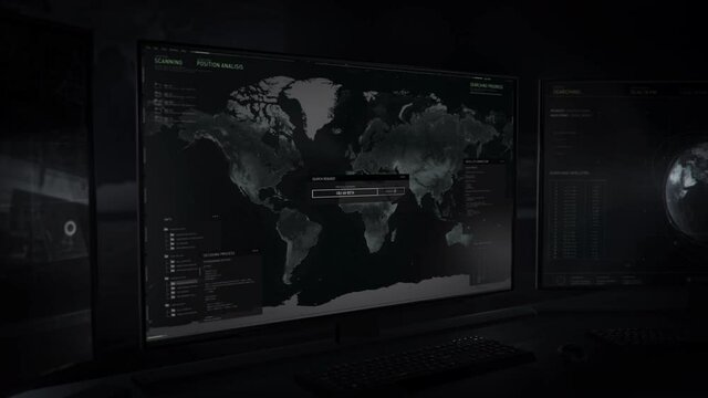Using new spying system. Computer user interface. Position analysis. Scanning the world to find information about criminal activity. The unusual activity was discovered in south asia. Close up.