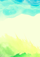 Fototapeta premium Watercolor field. Wild grass, country abstract landscape. Abstract green, blue spot. Watercolor card, logo. Wild grass drawing, green, blue paint splash on white isolated background, label, frame