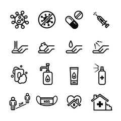 Corona Virus Vector Icon Set, Simple Flat Thin Line Style. Signage for Preventing Transmission of Virus. Included Hand Wash, Soap, Alcohol Gel, Spray, Social Distance, Mask, Stay Home Icons.