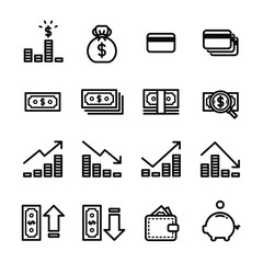 Finance vector icon set, simple flat thin line style. Signage for business, bank or financial statement. Contained money, bills, coins, credit cards, wallet, piggy bank, charts and graphs.
