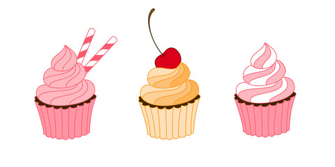 Set of sweet cupcakes isolated on white background. Vector illustration.
