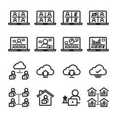 Work From Home Vector Icon Set. Symbols of Online Working at Home. Contained Video Conference, Chart Presentation on Laptop, Work on the Cloud, Cloud Storage, Network Working and Online Collaboration.