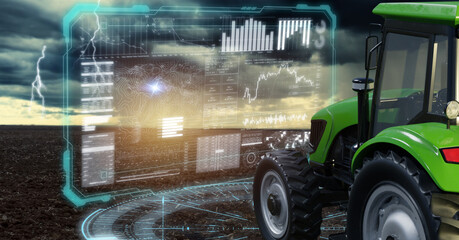 iot smart industry robot 4.0 agriculture concept,industrial agronomist,farmer using autonomous tractor with self driving technology , augmented mixed virtual reality to collect, access, analyze soil