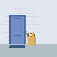Groceries in paper bag left at front door. Safe contactless delivery to home. Delivery food service concept. Vector illustration.