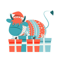 Year of the bull 2021. Year of ox. Funny Cow. Funny Bull in a hat New year and merry christmas illustration. Bull zodiac symbol of the year 2021.