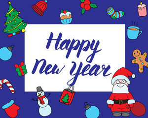 Happy New Year, vector illustration. Positive greeting card. Lettering composition with frame of celebration elements. Cartoon smiling Santa. Script inscription. Beautiful print for design, gift wrap