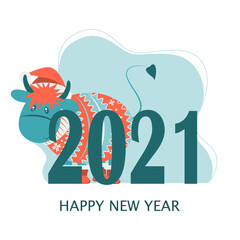 Year of the bull 2021. Year of ox. Funny Cow. Funny Bull in a hat New year and merry christmas illustration. Bull zodiac symbol of the year 2021.
