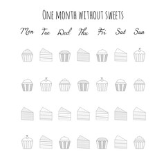 Vector illustration for printable with sweets, cakes and muffins on white background. Planner of tracker without sweets for bullet journal page, daily planner template, blank for notebook. A4 sheet.