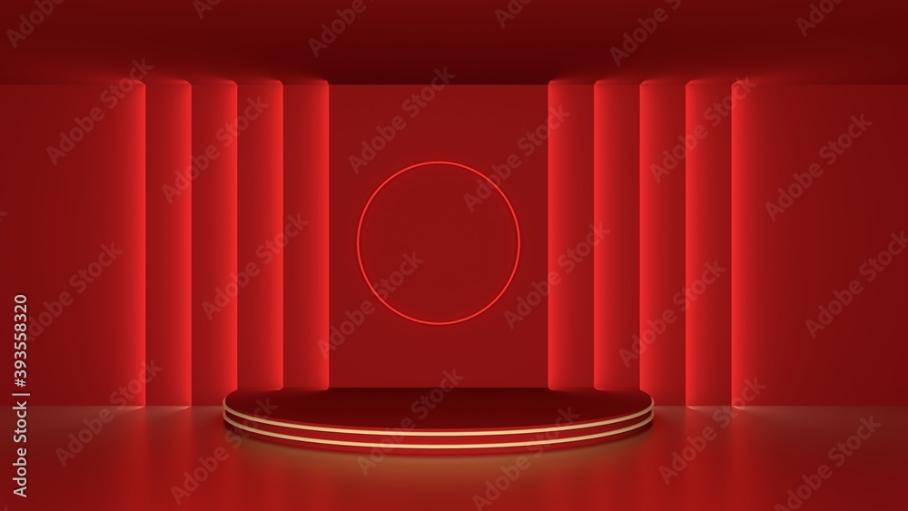 Poster Round pedestal decorated with golden lines Empty spaces with red backdrops, suitable for advertising materials. Product display stand. 3D rendering