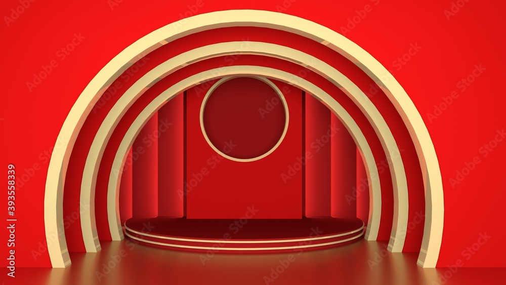 Poster Round pedestal decorated with golden lines Empty spaces with red backdrops, suitable for advertising materials. Product display stand. 3D rendering