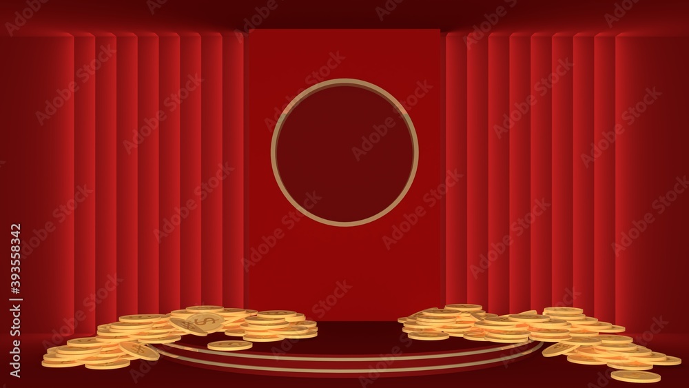 Aufkleber round pedestal decorated with golden lines surrounding gold coin empty spaces with red backdrops, su