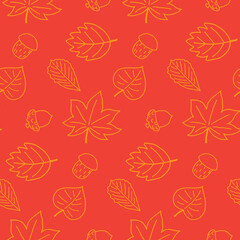 Fototapeta na wymiar Seamless pattern with different leaves, acorns and mushrooms. Autumn style. Yellow and orange colors. Perfect for wallpaper, gift paper, pattern fills, web page background, autumn greeting cards