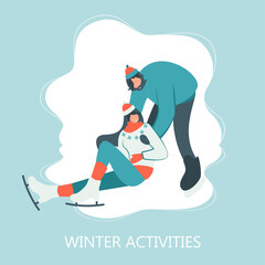 people skating in rink: young happy couple holding hands and smiling. Winter activities. Landing page template. Cute illustration in flat style.

