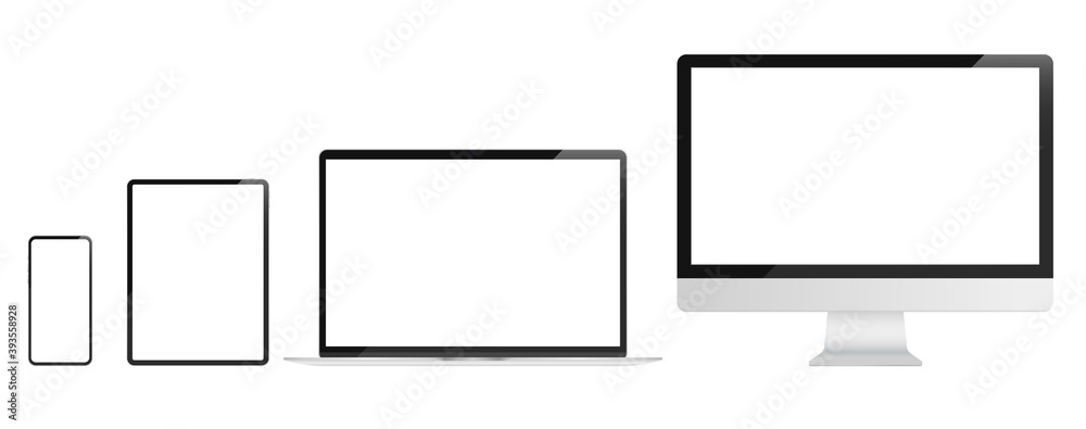 Fototapete Vector device screens - Realistic set of unbranded computers, tablet and smartphone with blank transparent screens. Responsive design mockup concept.