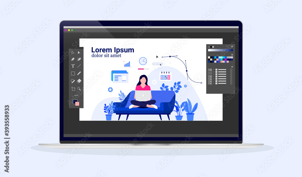Poster working as an illustrator on laptop computer - screen with unbranded vector illustration software, u