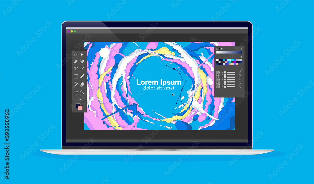 Poster Graphic design work on computer - Laptop with designer and illustration software on screen. User interface and illustration for designers concept. Vector format.