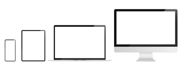 Vector device screens - Realistic set of unbranded computers, tablet and smartphone with blank transparent screens. Responsive design mockup concept.