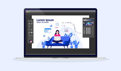 Working as an illustrator on laptop computer - Screen with unbranded vector illustration software, user interface and professional illustration. Graphic design work concept.
