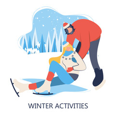 people skating in rink: young happy couple holding hands and smiling. Winter activities. Landing page template. Cute illustration in flat style.

