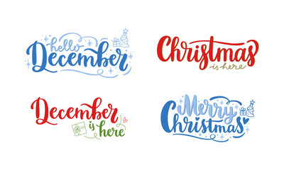 Christmas and December handwritten lettering phrases set isolated on white background. Typography design for greeting card, social media, web banner or print. Seasonal calligraphy templates. 