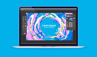 Graphic design work on computer - Laptop with designer and illustration software on screen. User interface and illustration for designers concept. Vector format.