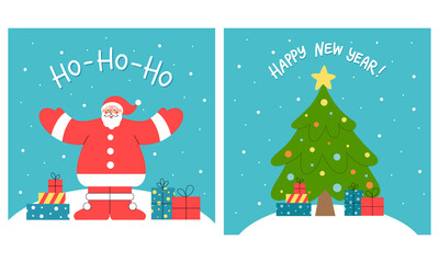 Set of two hand-drawn flat vector greeting cards for New Year with cartoon Santa Claus and Christmas tree with gift boxes. Trendy style illustration for social media, web banner, print or poster.