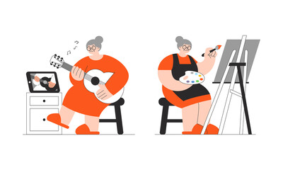 Old woman learns to play guitar from online lesson and learns to draw with oil paints. Flat vector illustration set isolated on white background. Active retirement, elderly online education concept.
