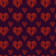 Seamless pattern of red hearts on a dark purple backdrop. Background for Valentine. Romantic Vector illustration.