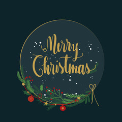 Green and red hand drawn Christmas wreath