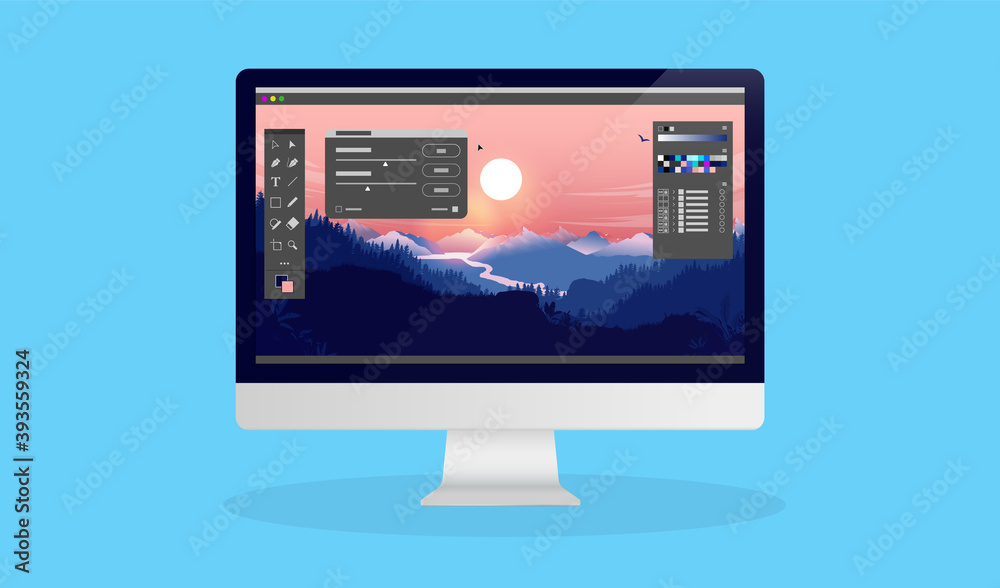 Poster Photo editing on laptop computer - Photo editor software with user interface and beautiful landscape image. 