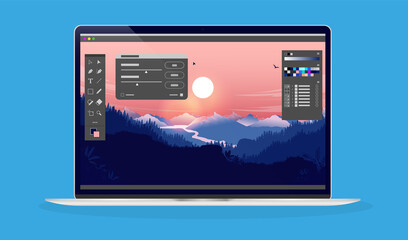 Photo editing on laptop computer - Photo editor software with user interface and beautiful landscape image. 
