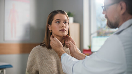 Doctor Consultation Office: Physician Checks Female Patient's Swollen Glands, Talking about...
