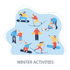 Snowboarding, skating and skiing in winter landscape. Winter activities. Landing page template. Cute illustration in flat style.