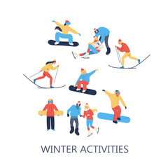 Fototapeta na wymiar Snowboarding, skating and skiing in winter landscape. Winter activities. Landing page template. Cute illustration in flat style.