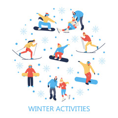 Fototapeta na wymiar Snowboarding, skating and skiing in winter landscape. Winter activities. Landing page template. Cute illustration in flat style.