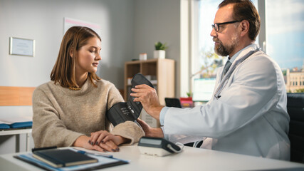 Doctor's Office: Physician Measures Blood Pressure of a Female Patient, Discussing Symptoms, Possible Prescription of Hypertension Drugs. Medical Health Care Specialist or Cardiologist Using Tonometer