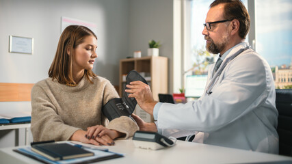 Obraz premium Doctor's Office: Physician Measures Blood Pressure of a Female Patient, Discussing Symptoms, Possible Prescription of Hypertension Drugs. Medical Health Care Specialist or Cardiologist Using Tonometer