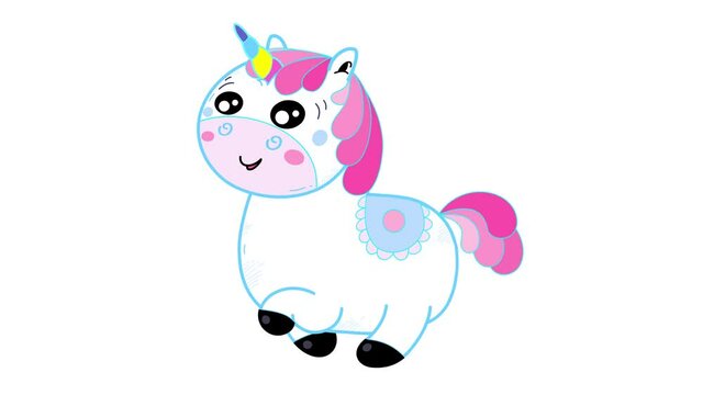 Cartoon isolated kawaii unicorn walking character. Sweet fantastic pet animal. Good for any movie, presentation, etc... Funny sweet and cute children animation. Alpha channel, seamless loop.