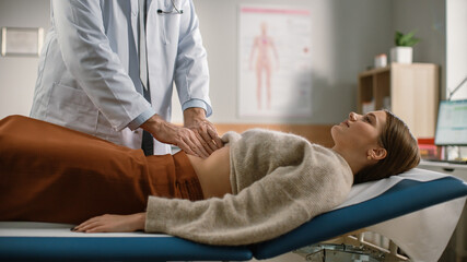 Doctor Consultation Office: Female Patient Lying on a Bed while Family Physician Checks Her...