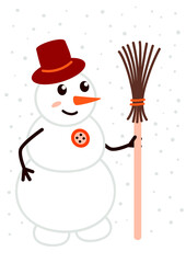 Snowman in hat with broom and button isolated on white - funny cartoon character on snowy background for design of winter greeting cards for Christmas, New Year and holidays