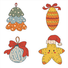 Cute christmas illustration on white background. Set of christmas toys. Vector  flat illustration for greeting cards, packaging, postcard, banners. Happy winter vacation. Merry christmas 